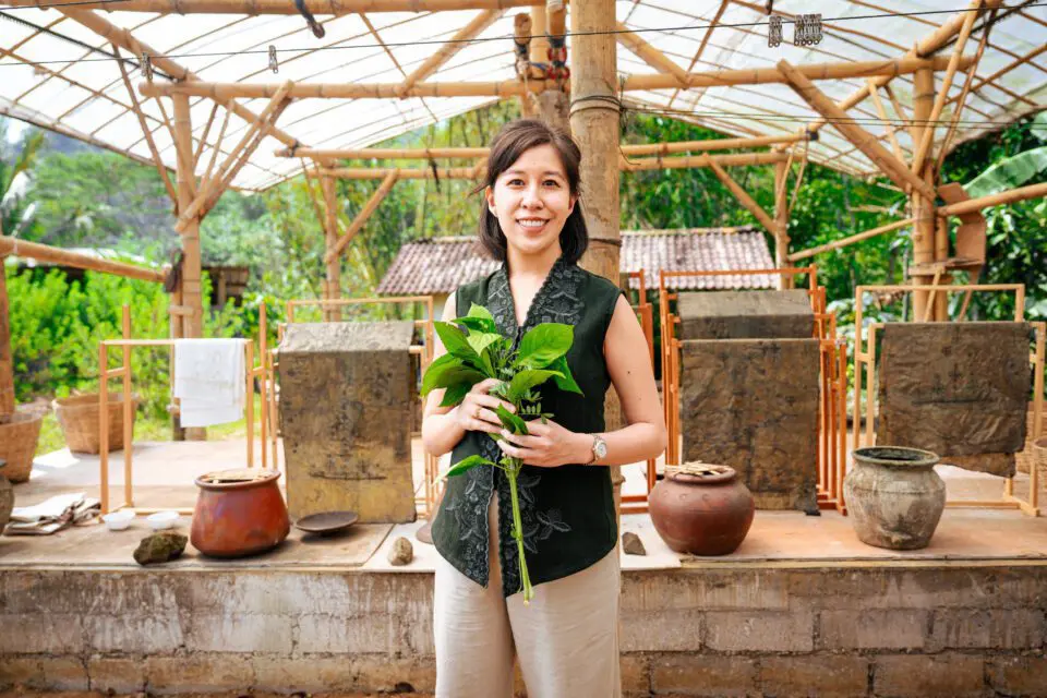 Rolex Awards Laureate and founder of SukkhaCitta Denica Riadini-Flesch holding indigo leaves harvested on a farm near East Java, Indonesia. The indigo dye will be used to make high-quality, traditionally crafted.